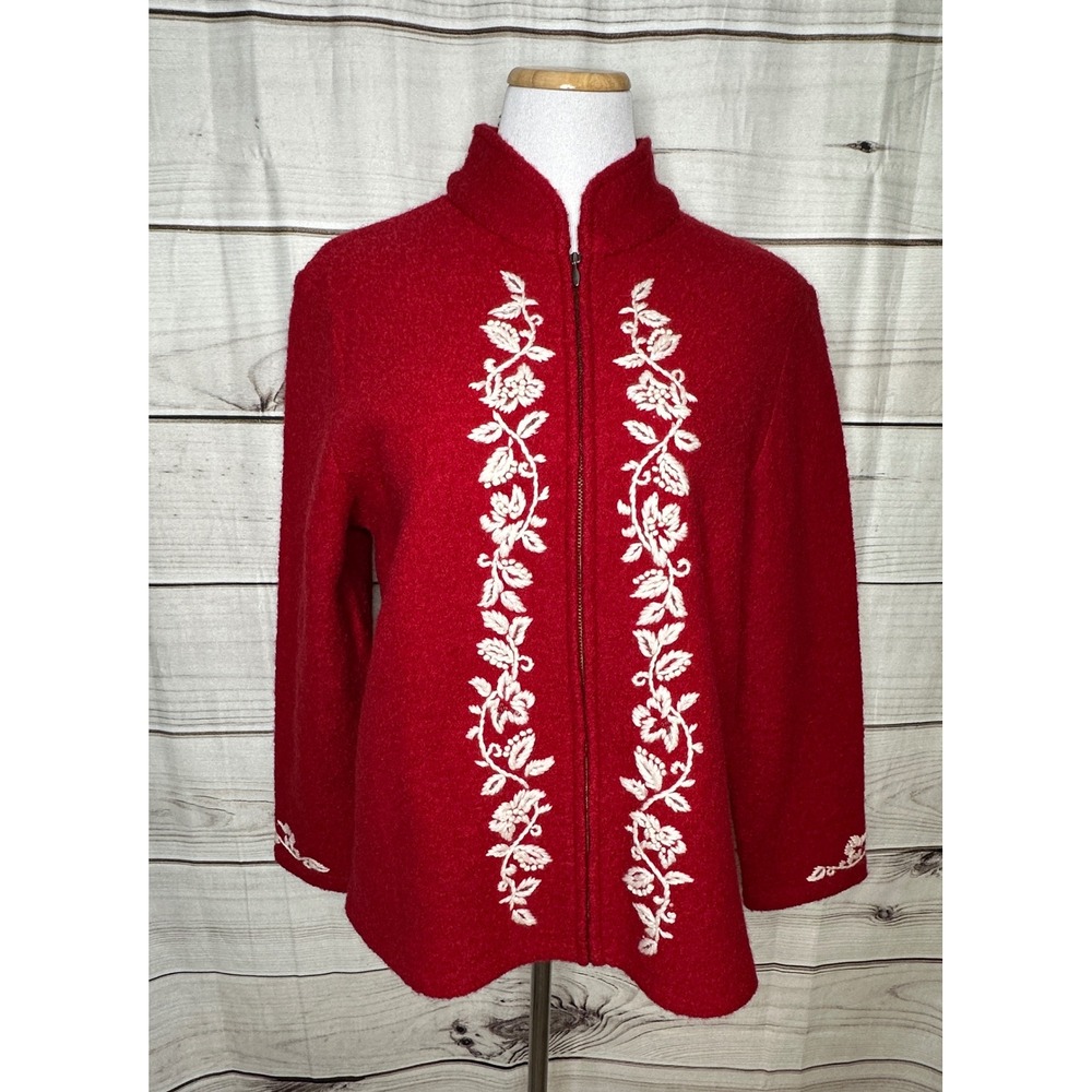 Coldwater Creek Jacket Womens XL Red Boiled Wool Floral Embroidered Zip Coat